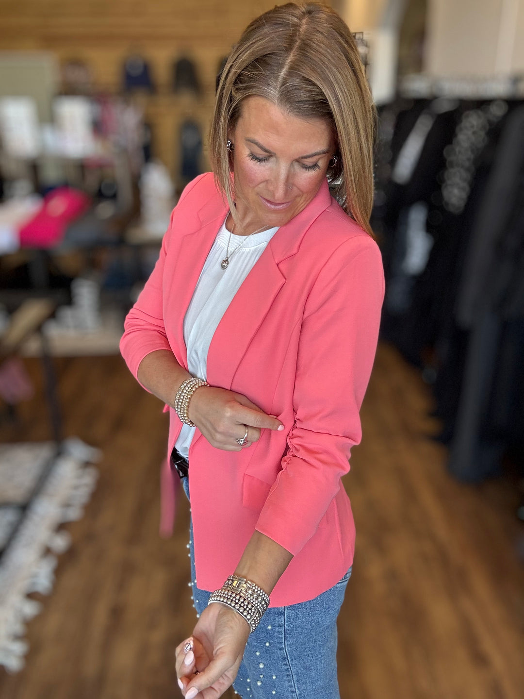 Eco-Friendly Recycled Poly Shirred Sleeve Blazer - Coral Sunset