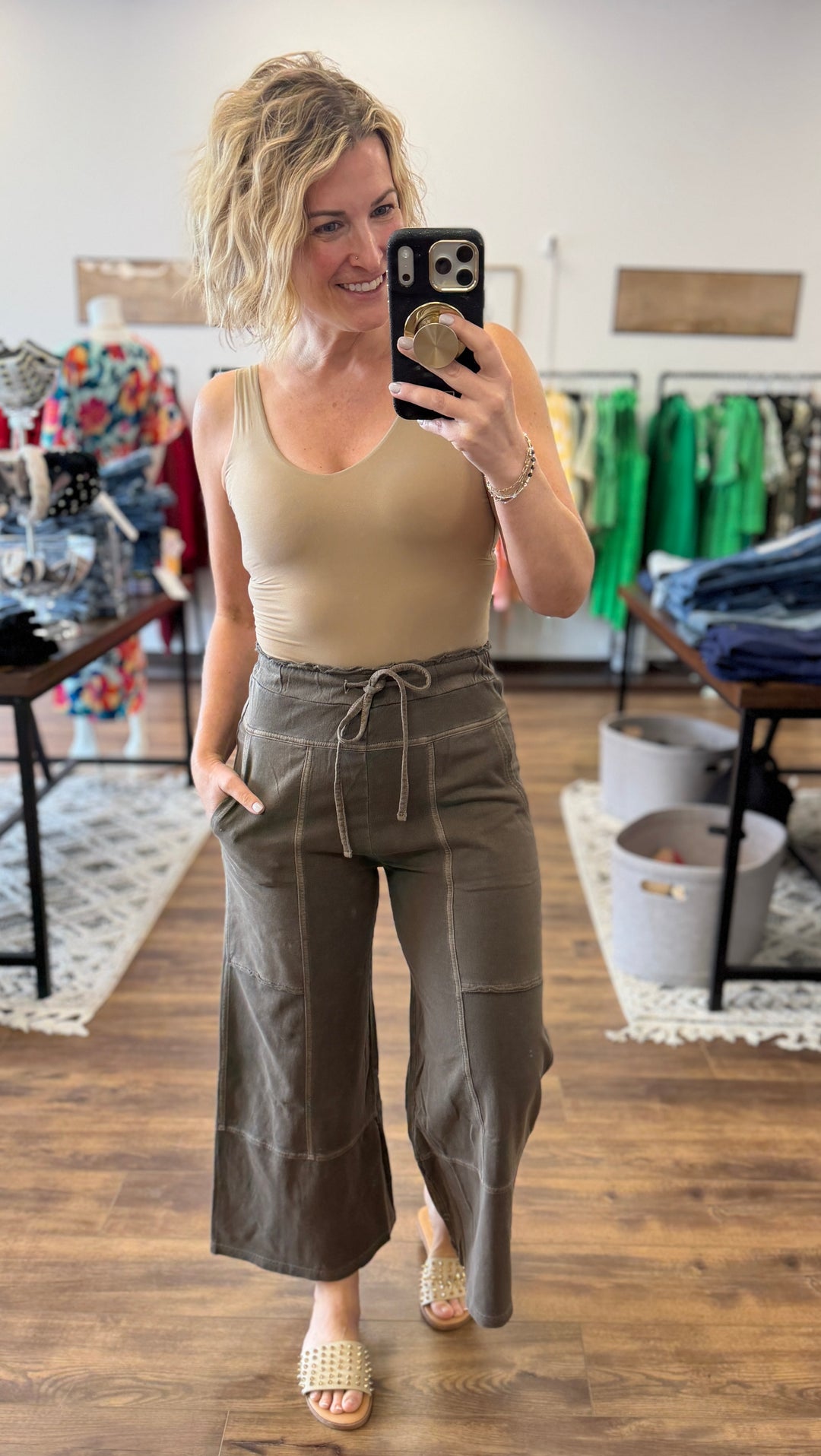 Washed Terry Wide Leg Pants - Brown