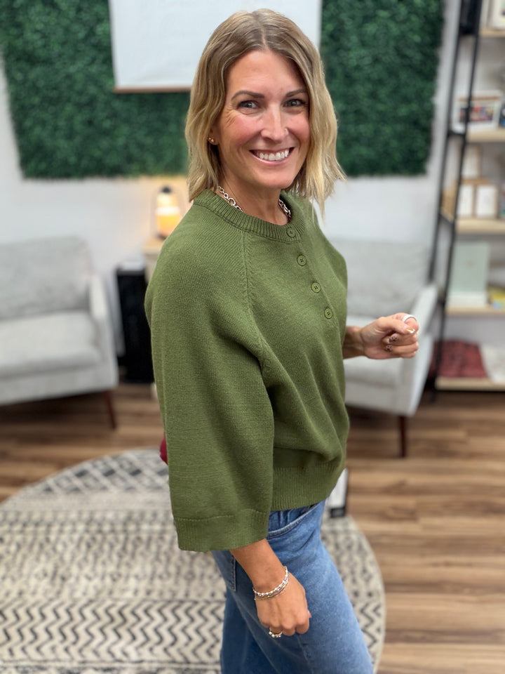 Buttoned Up Short Sleeve Sweater - Olive