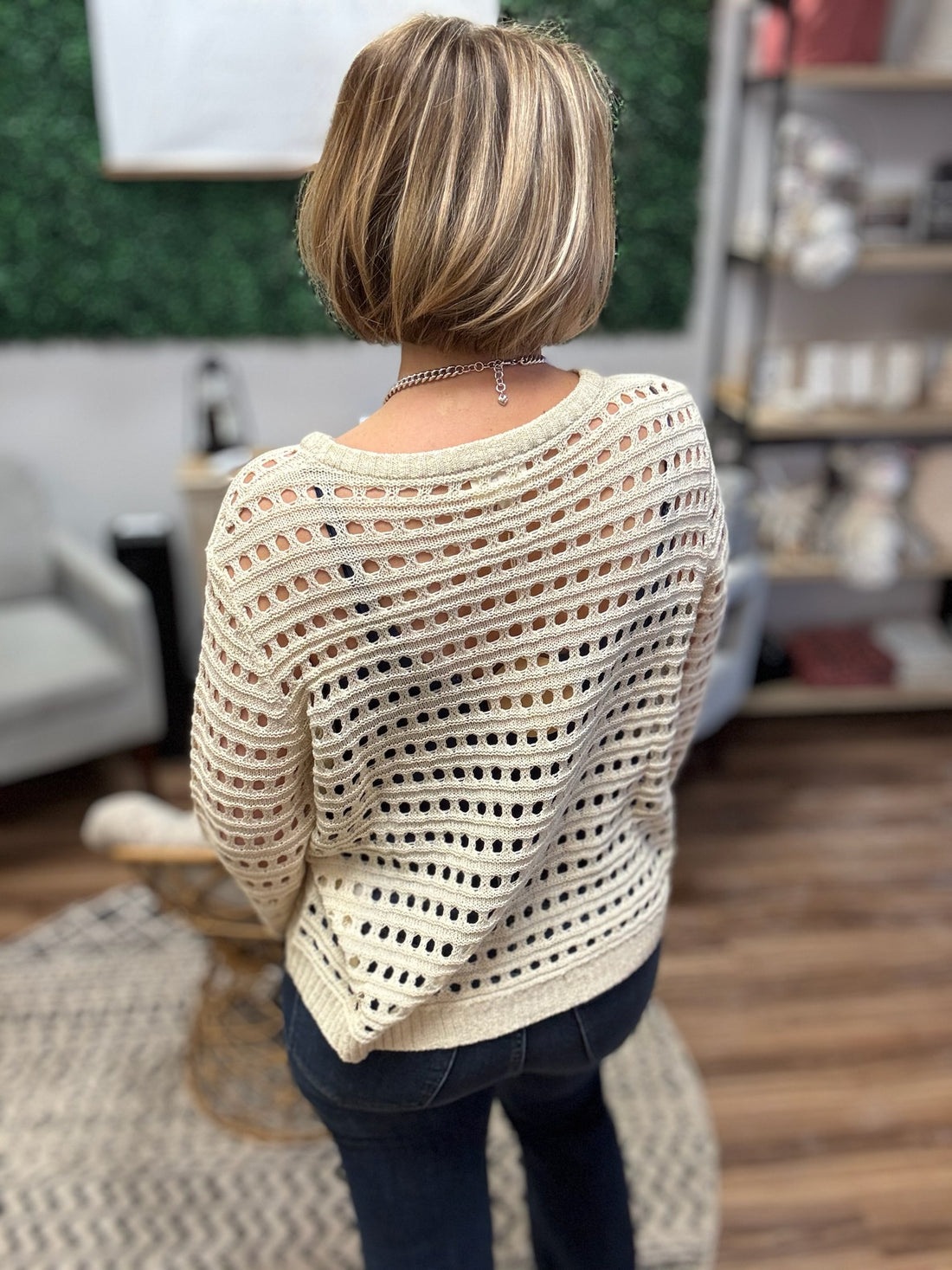 Round Neck Open Gauge Sweater - Oatmeal