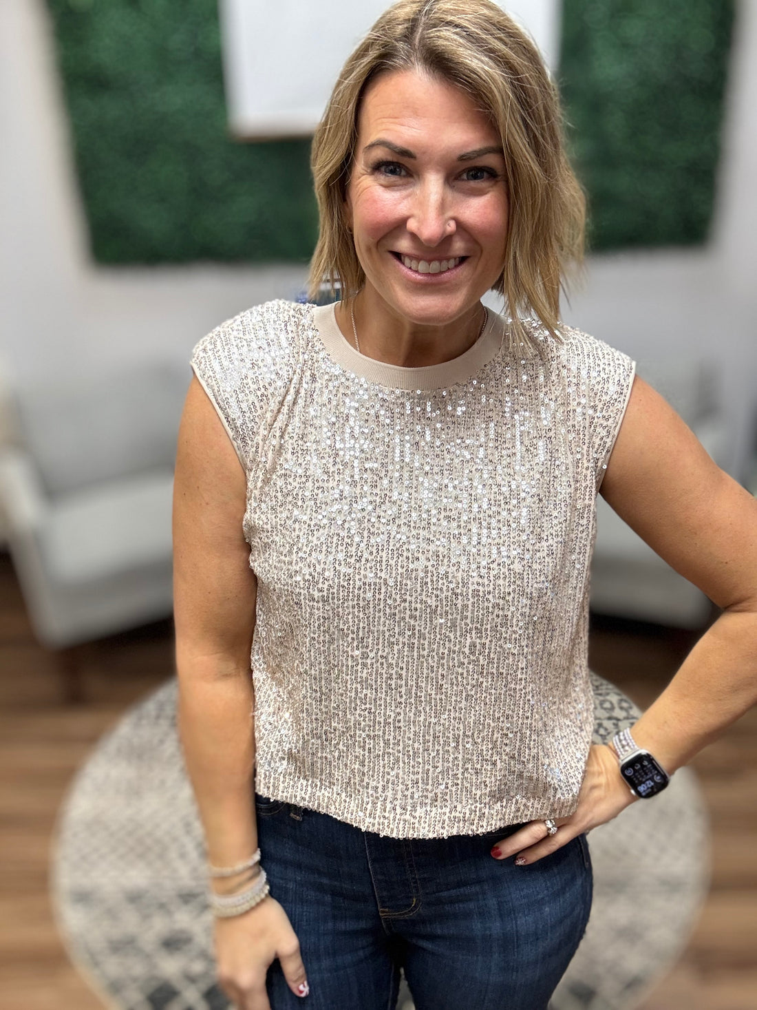 Sequin Bubble Muscle Tank - Champagne