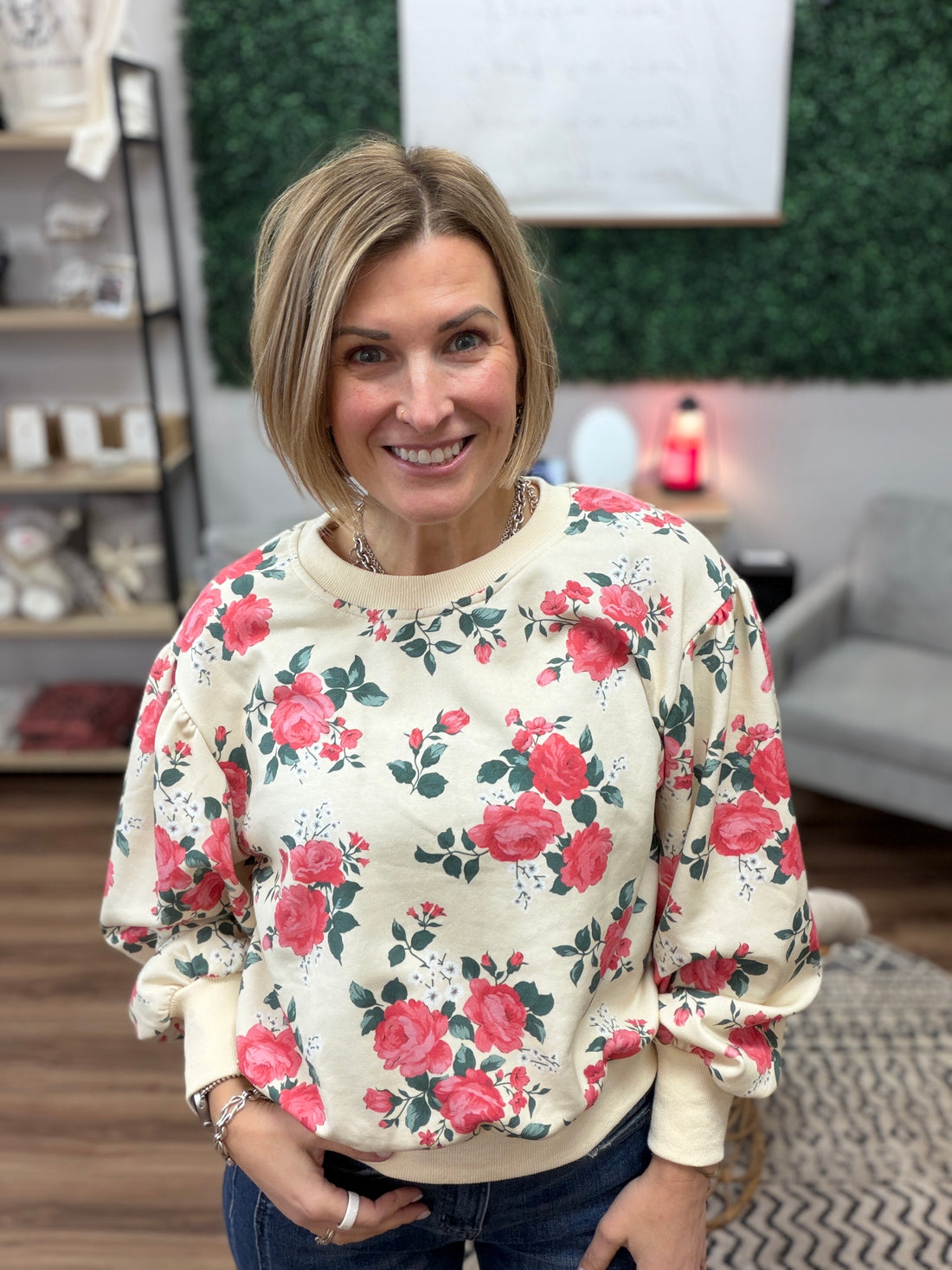 Floral French Terry Pullover with Balloon Sleeves