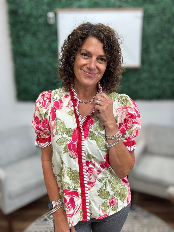 Floral Printed Woven Contrast Edge Ruffled Blouse
