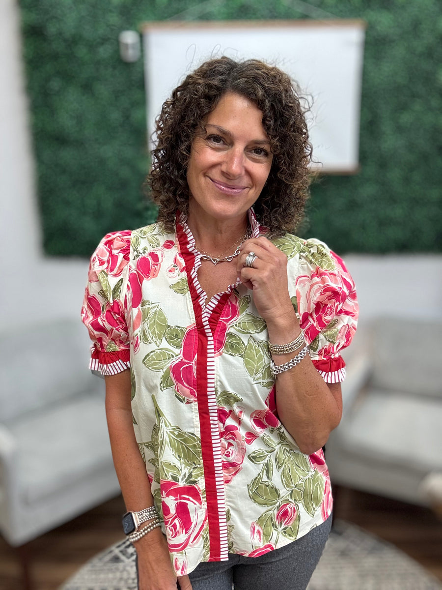 Floral Printed Woven Contrast Edge Ruffled Blouse