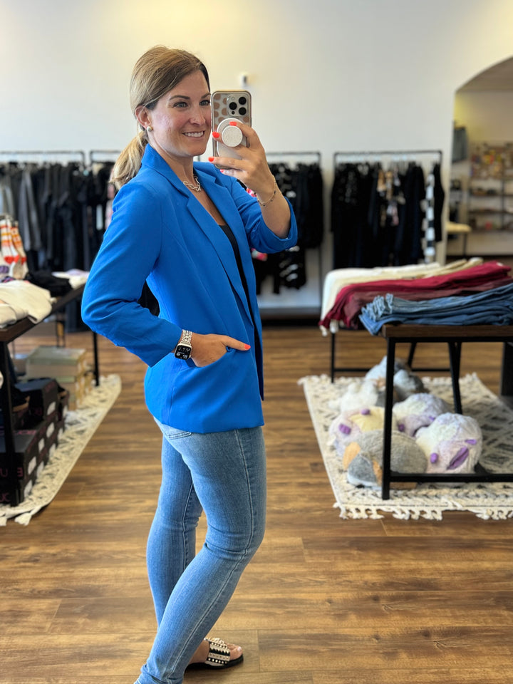 Eco-Friendly Recycled Poly Shirred Sleeve Blazer - Electric Blue