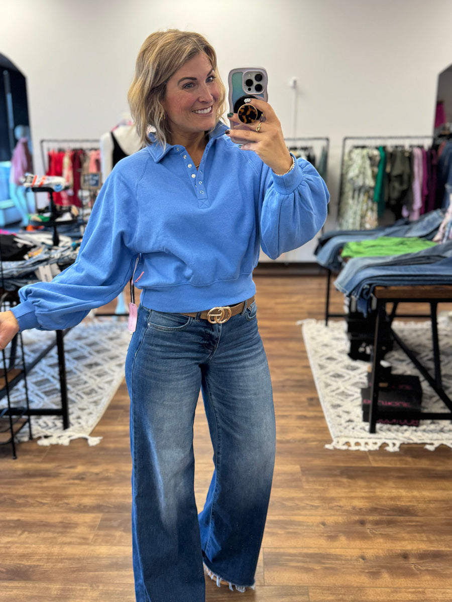 Balloon Sleeve Snap Polo - Marine Blue