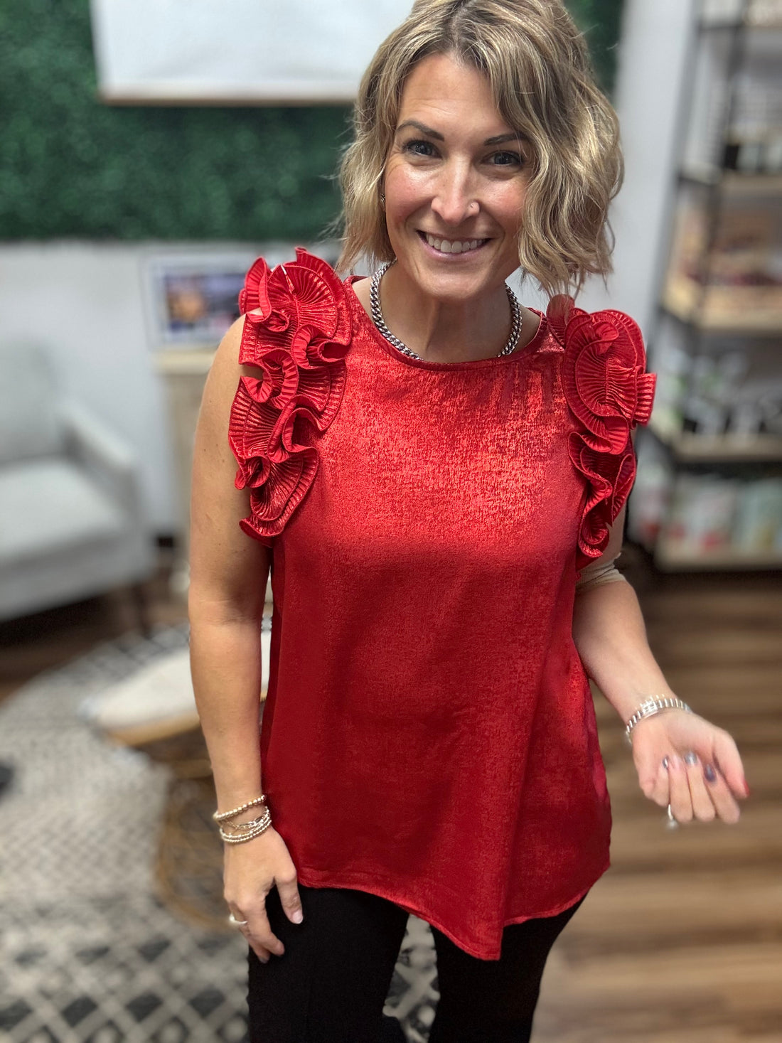 Pleated Ruffle Trim Metallic Top - Red