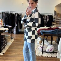 Lola Waffle Knit Cardigan with Thumbholes - Black and White Checkered