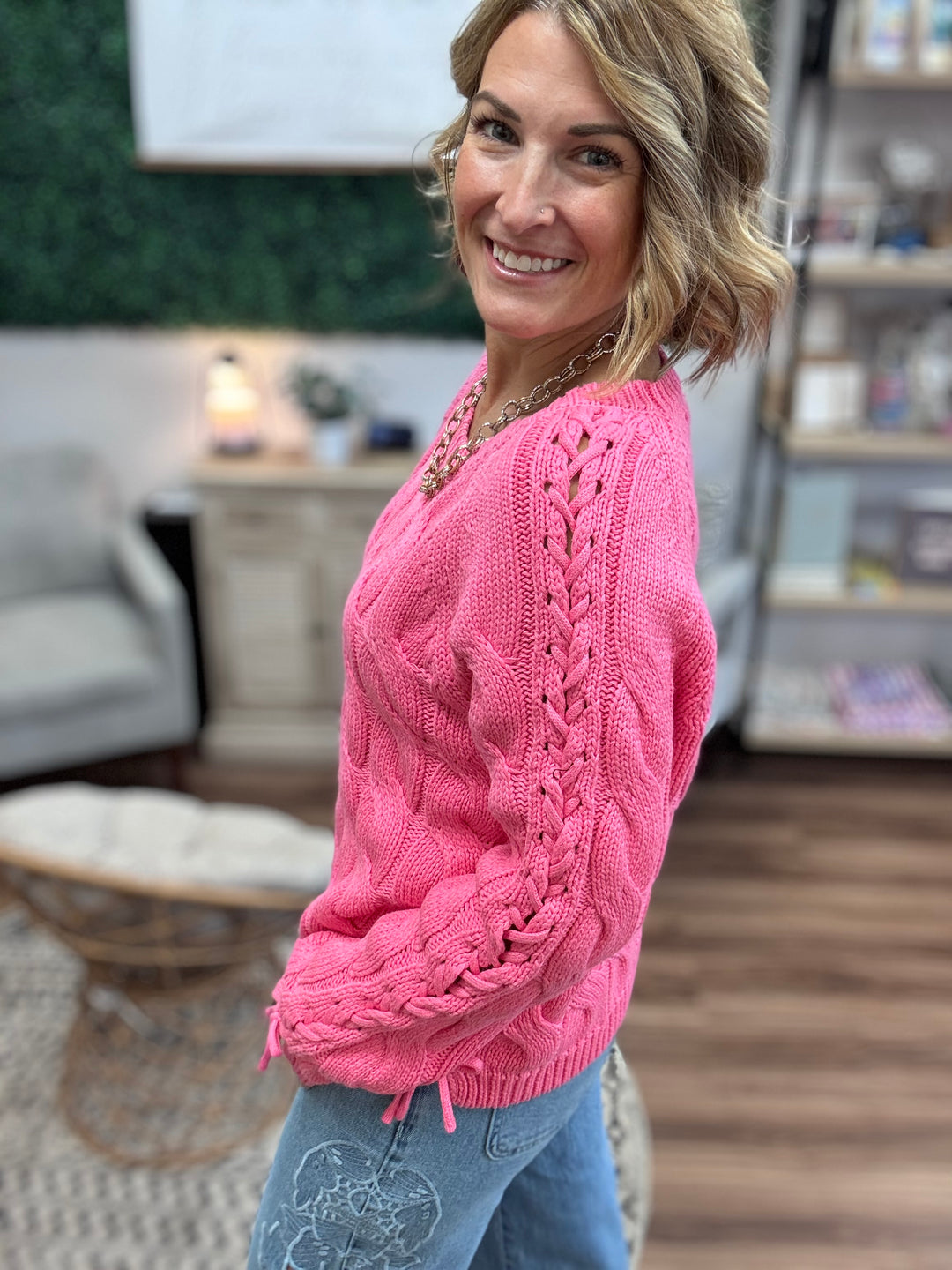 Pretty in Pink Cable Knit Sweater