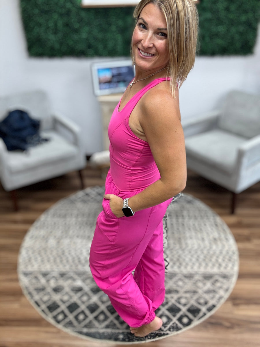 Sleeveless Jogger Jumpsuit with Cut Out - Hot Pink