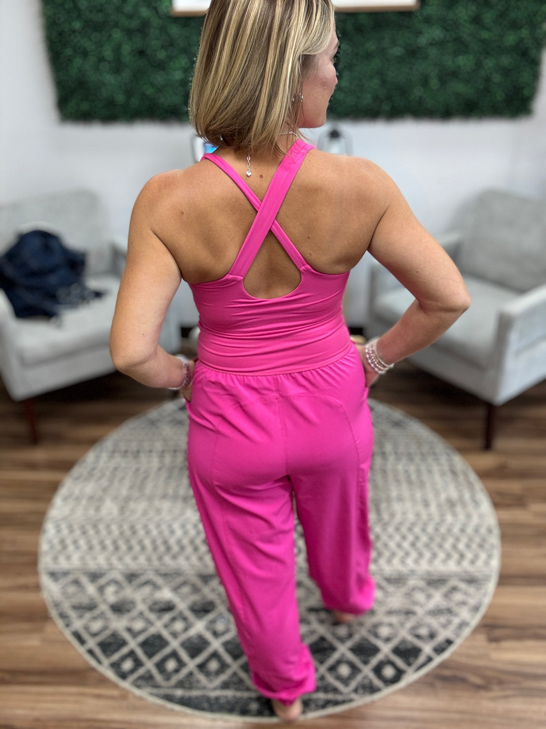 Sleeveless Jogger Jumpsuit with Cut Out - Hot Pink
