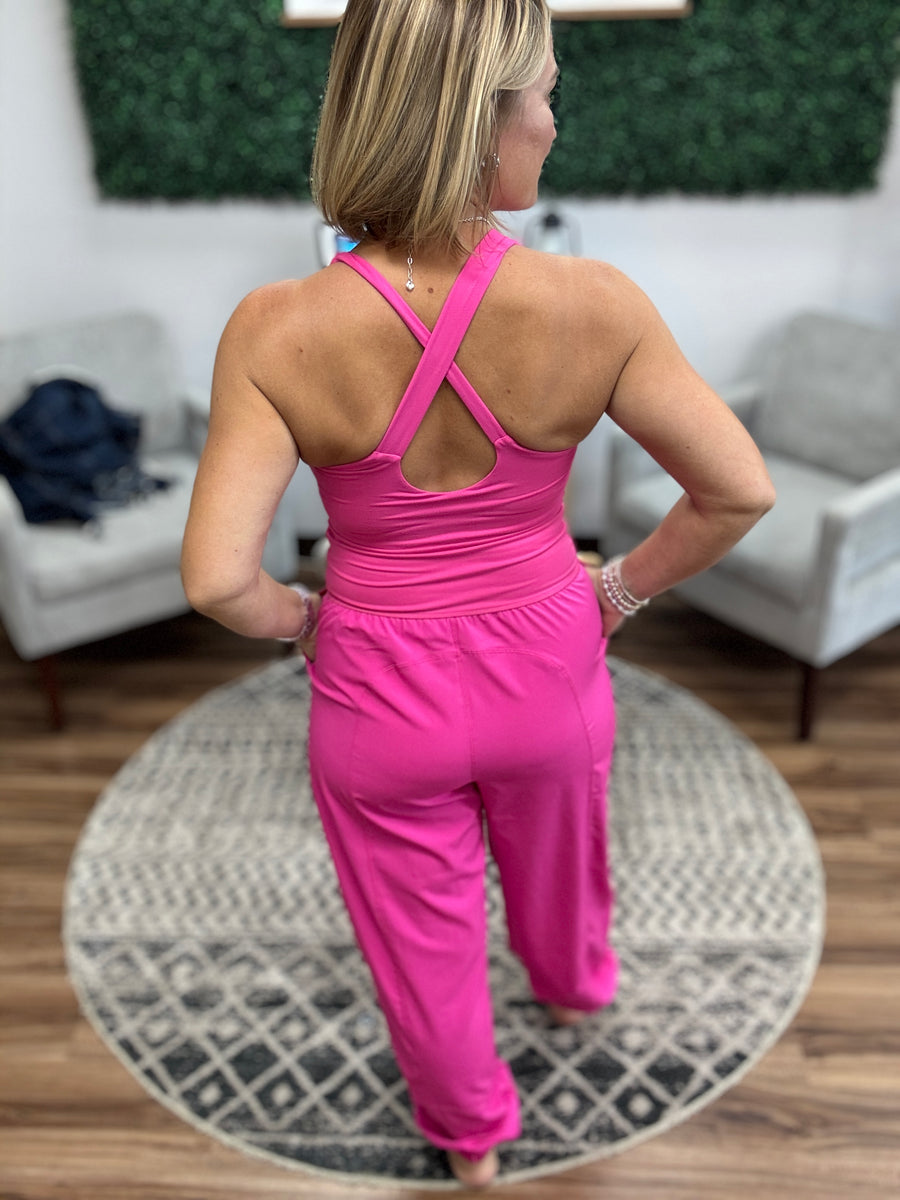 Sleeveless Jogger Jumpsuit with Cut Out - Hot Pink
