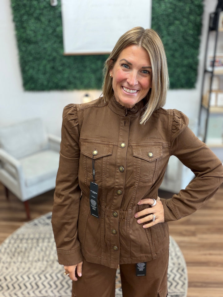 Liverpool - Puff Sleeve Trucker Jacket w/ Ruffle Collar - Carob Brown
