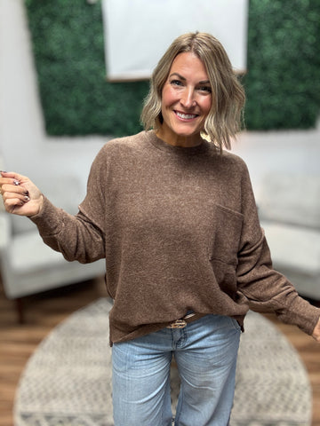 Brushed Melange Drop Shoulder Oversized Top - Brown