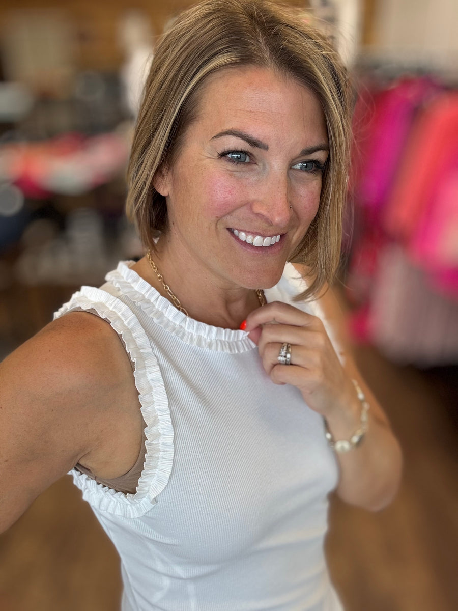 Ribbed Tank with Ruffle Detail - White