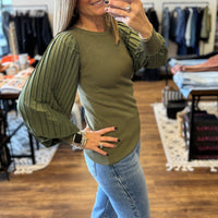 Mixed Media Pleated Long Sleeve Top - Olive