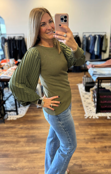 Mixed Media Pleated Long Sleeve Top - Olive