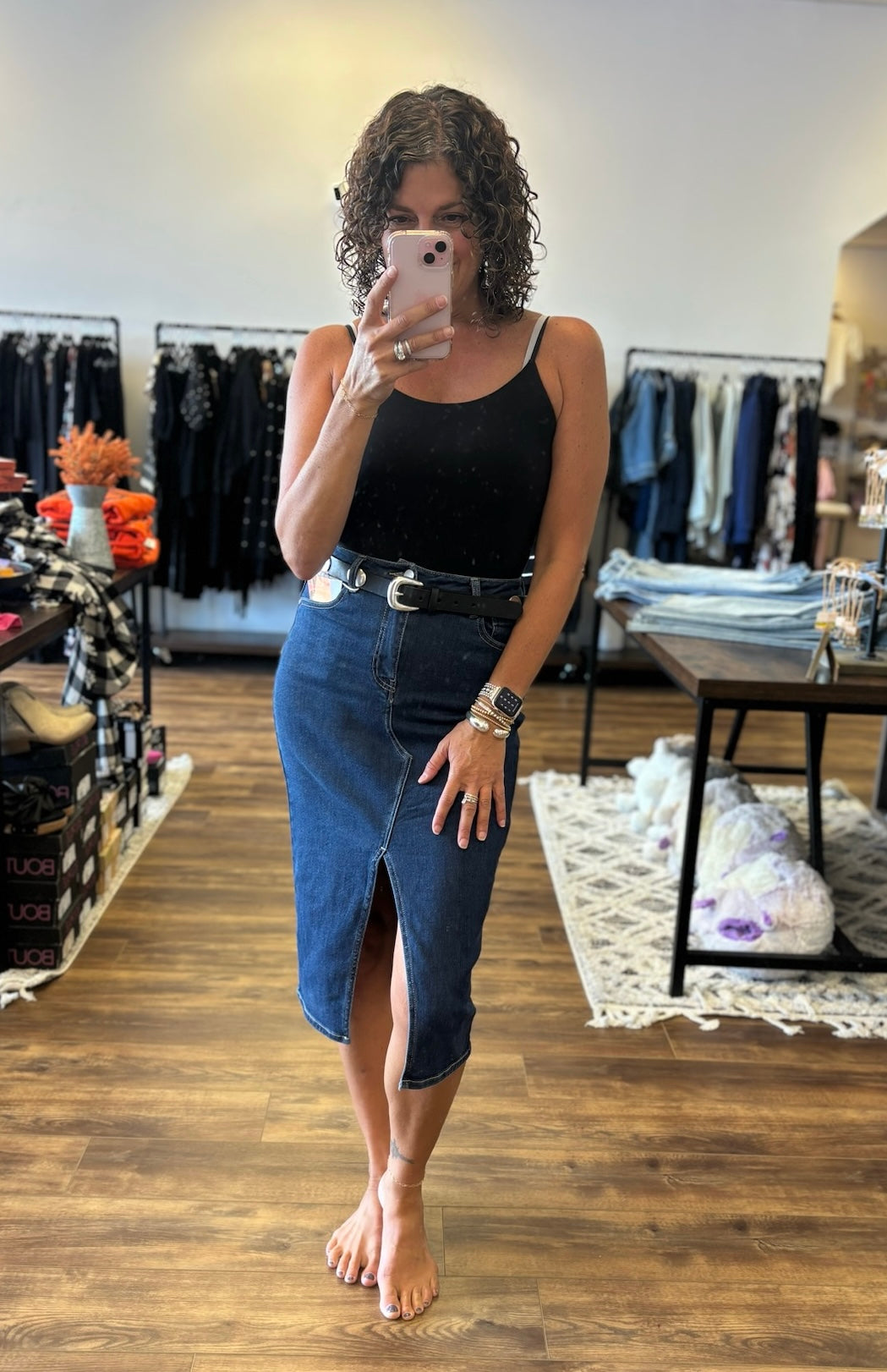 Risen - High Rise Denim Midi Skirt