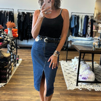 Risen - High Rise Denim Midi Skirt