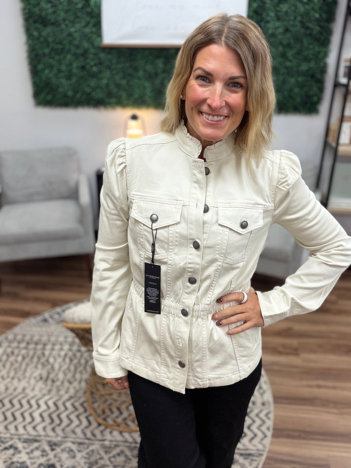 Liverpool - Puff Sleeve Trucker Jacket W/ Ruffle Collar - Bone