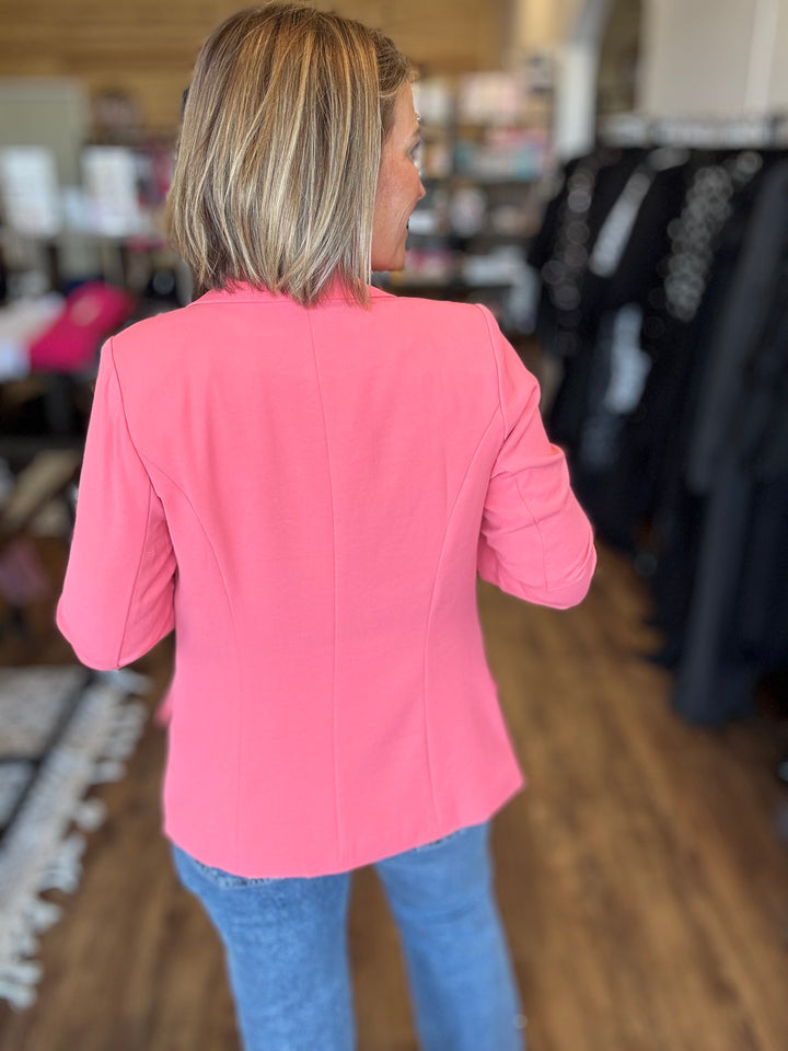 Eco-Friendly Recycled Poly Shirred Sleeve Blazer - Coral Sunset