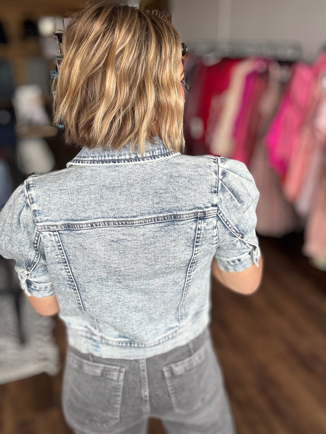 Jocelyn - Puff Sleeve Cropped Denim Jacket - Acid Wash