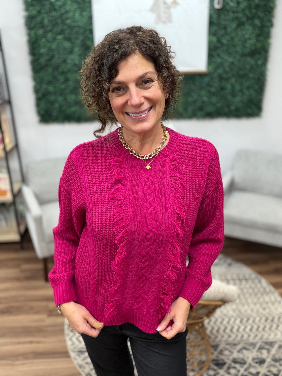 Liverpool - Long Sleeve Crew Neck Sweater with Fringe - Raspberry