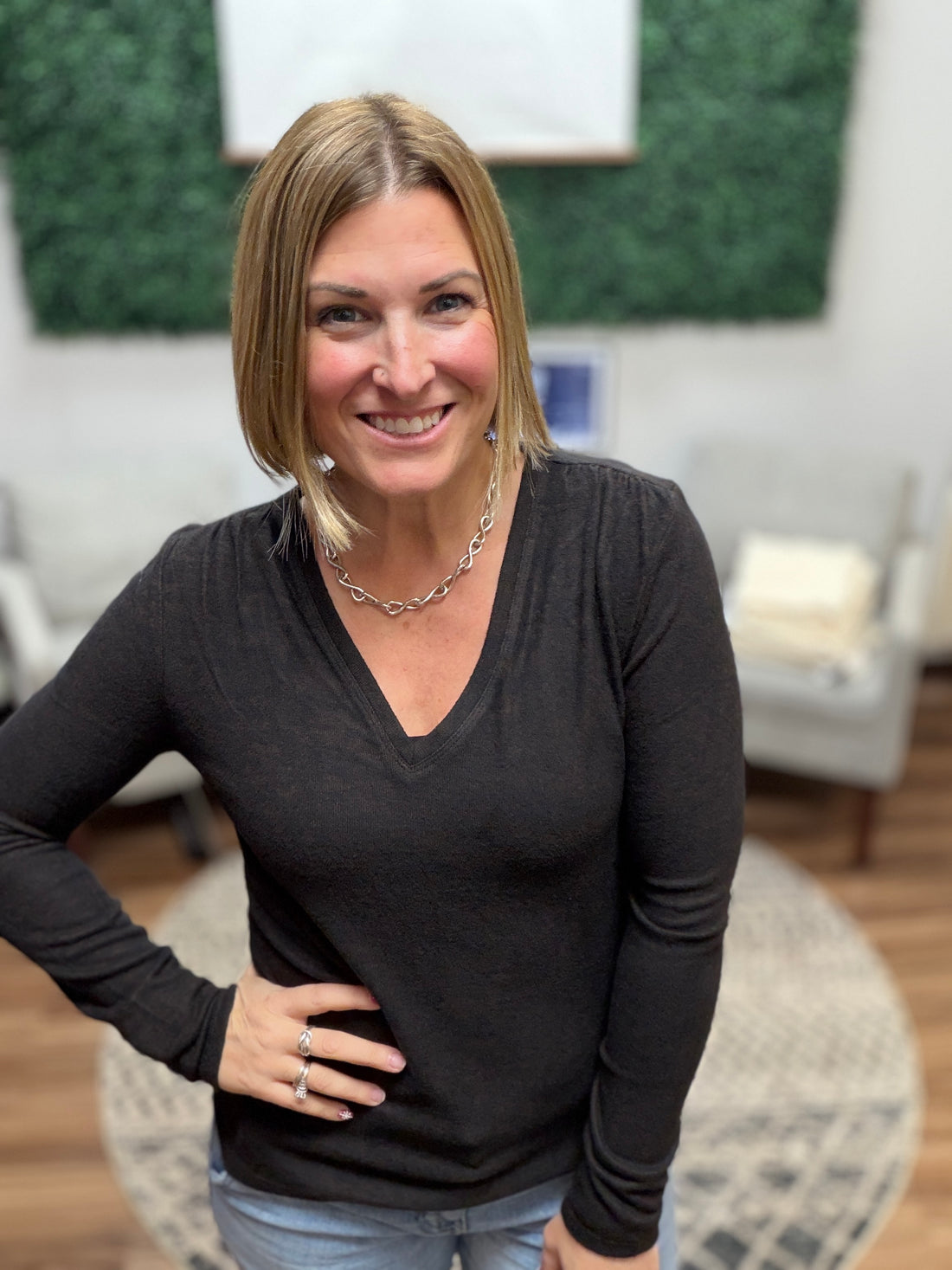 Liverpool - Long Sleeve V-Neck Top w/shirring - Java