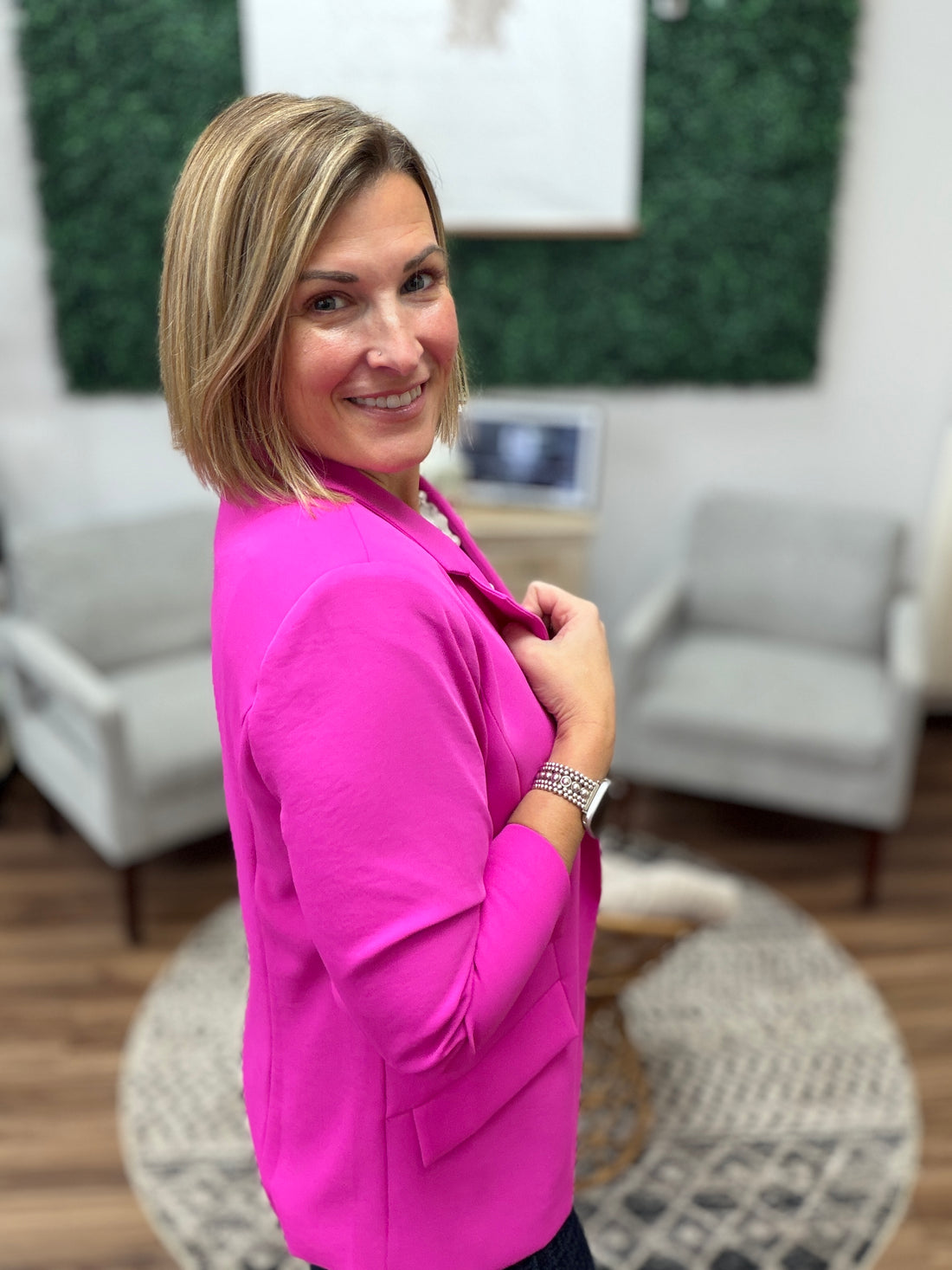 Eco-Friendly Recycled Poly Shirred Sleeve Blazer - Bright Flamingo