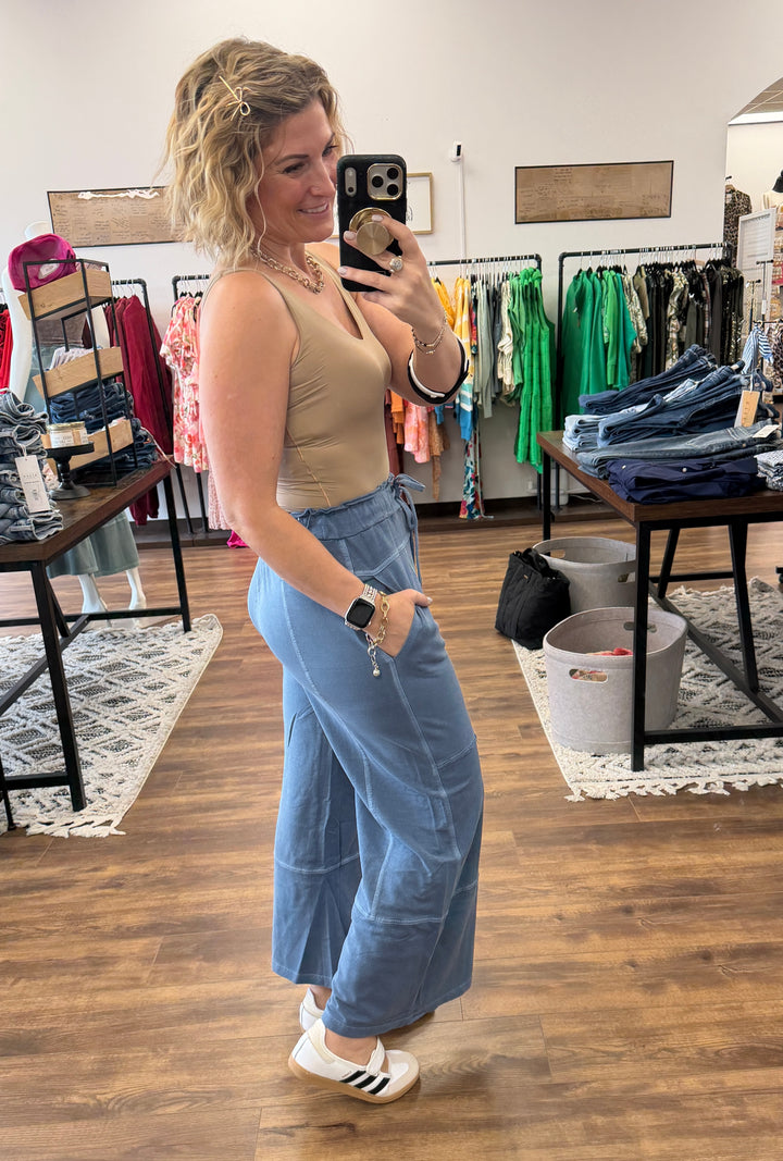 Washed Terry Wide Leg Pants - Vintage Blue