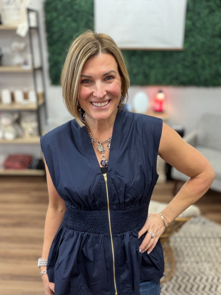 Zip It &amp; Go Smocked Peplum Top - Navy