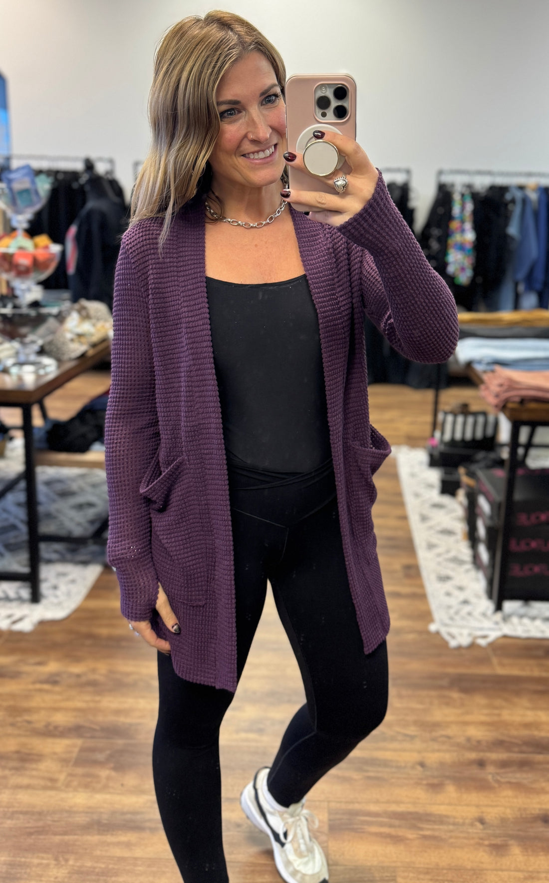 Lola Waffle Knit Cardigan with Thumbholes - Plum