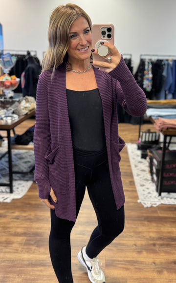 Lola Waffle Knit Cardigan with Thumbholes - Plum