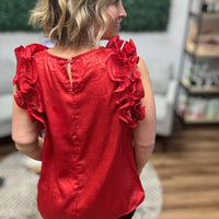 Pleated Ruffle Trim Metallic Top - Red