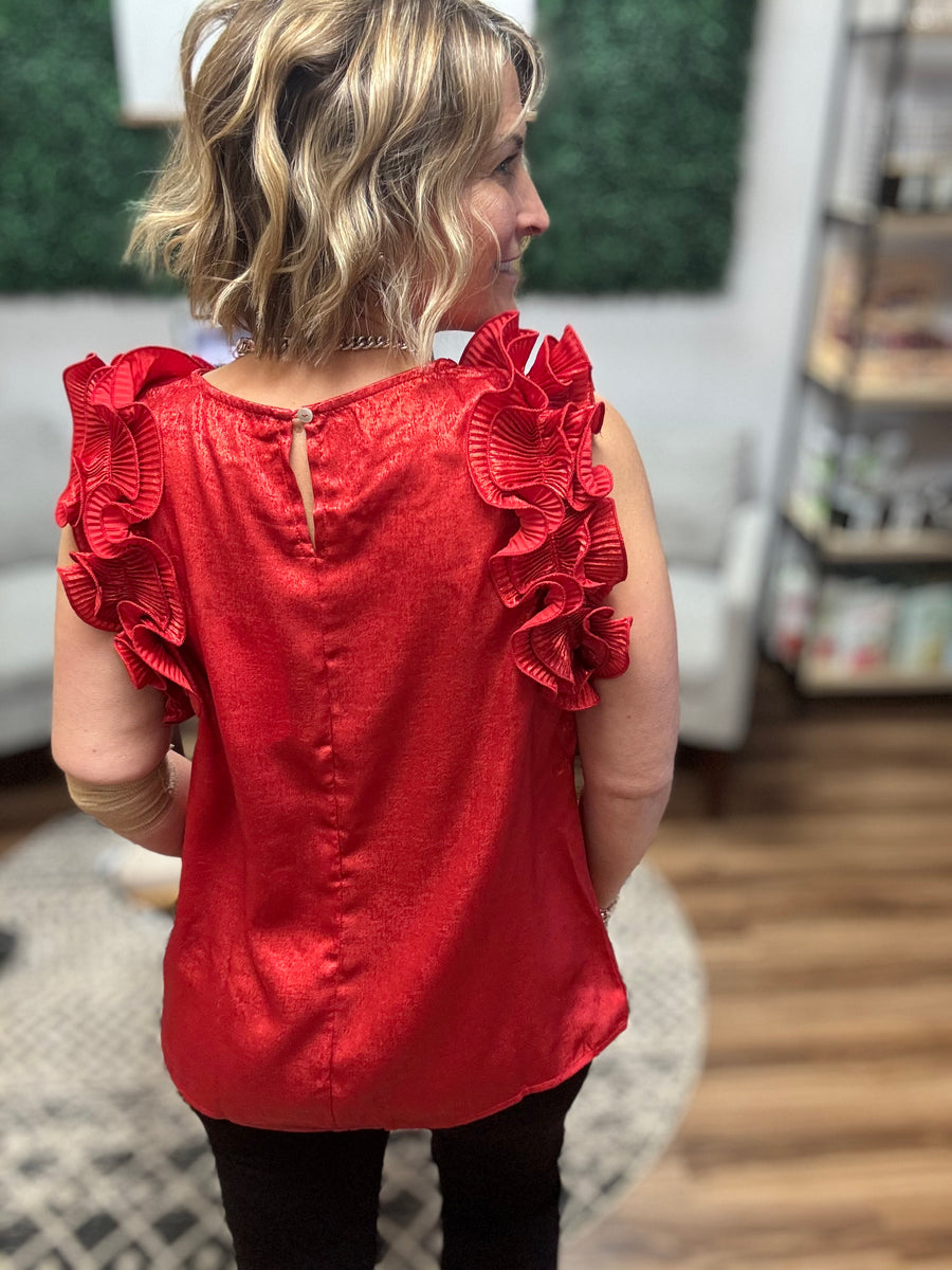 Pleated Ruffle Trim Metallic Top - Red