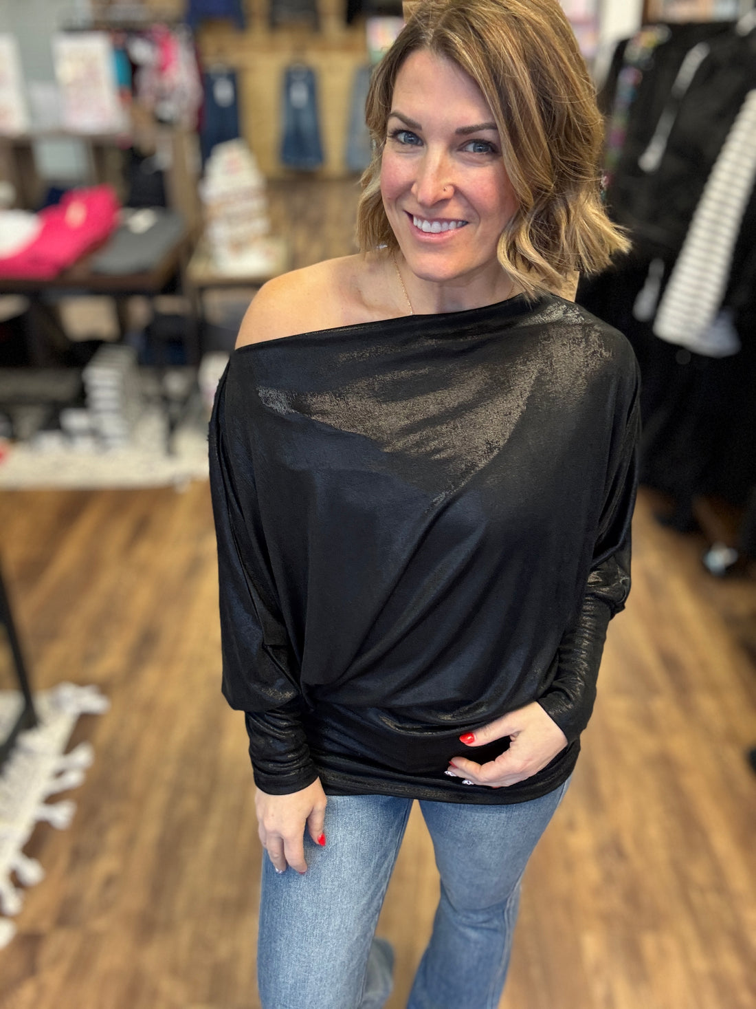 Metallic Foil Knit Top with Dolman Sleeves