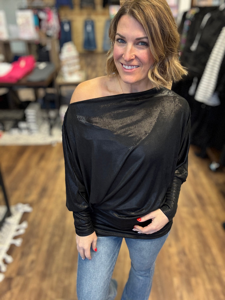 Metallic Foil Knit Top with Dolman Sleeves