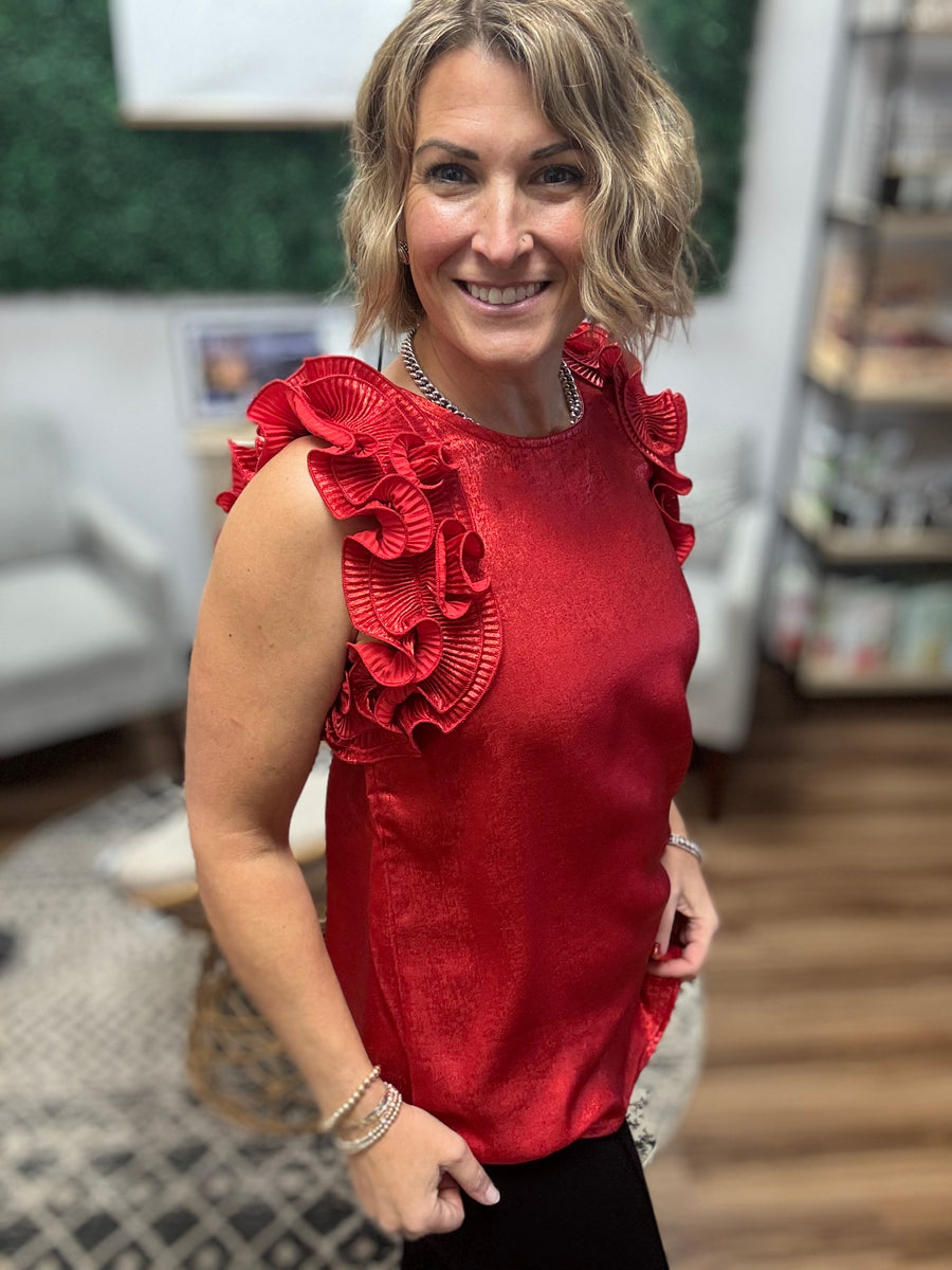 Pleated Ruffle Trim Metallic Top - Red