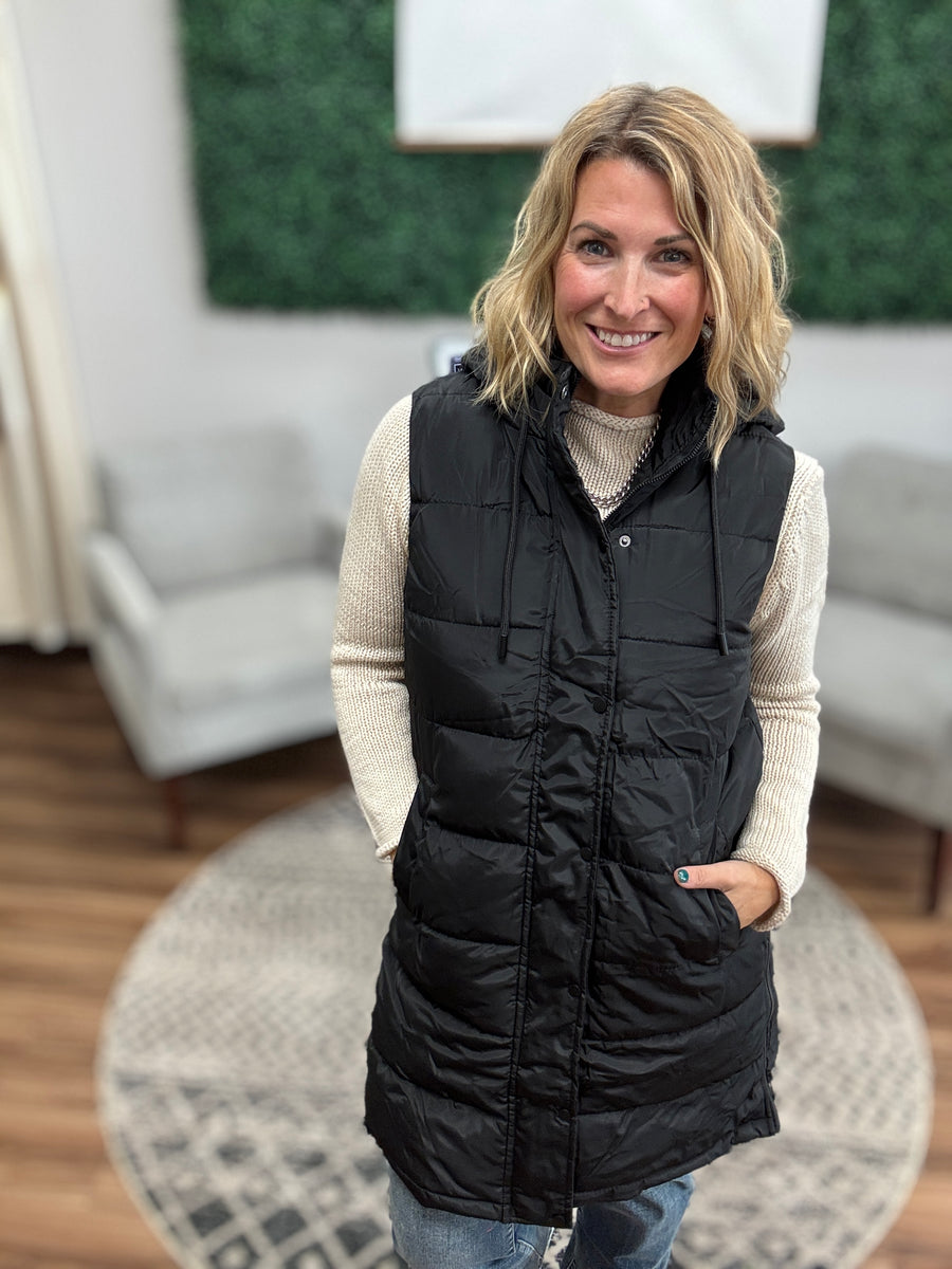 Long Puffer Vest with Hood - Black