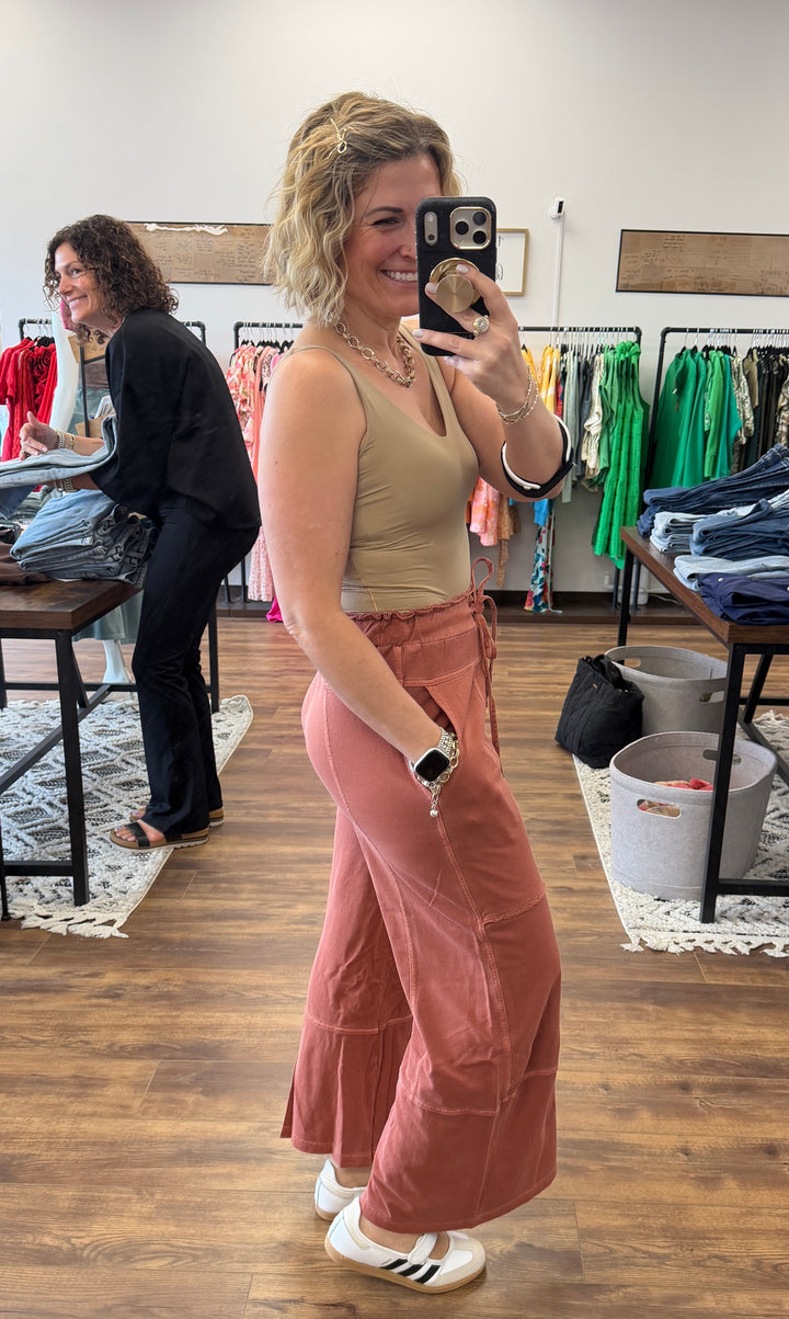 Washed Terry Wide Leg Pants - Rust