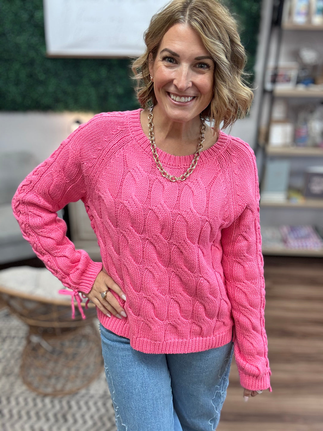 Pretty in Pink Cable Knit Sweater