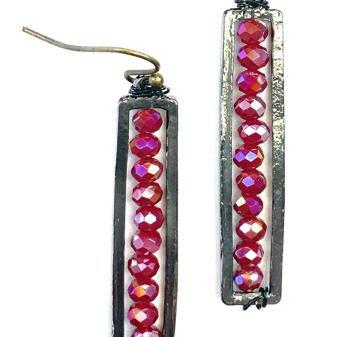 Thin Beaded Rectangular Scarlet Dangle Earrings
