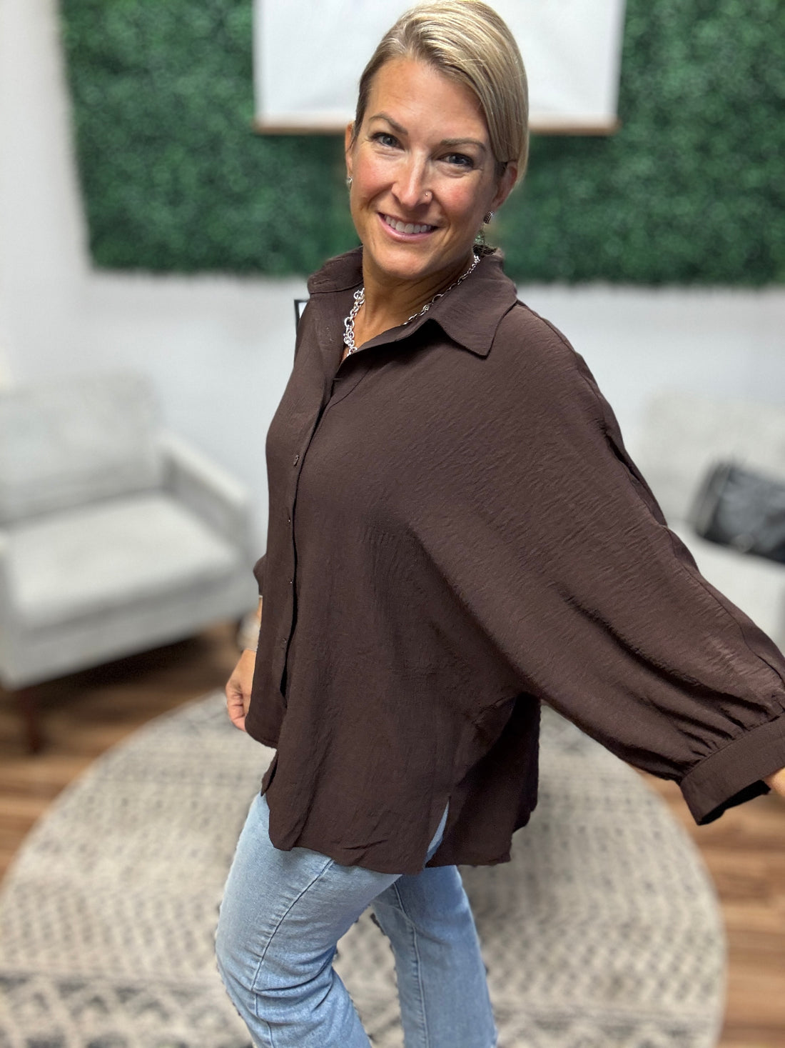 Sloane Button Up Dolman Top - Chocolate