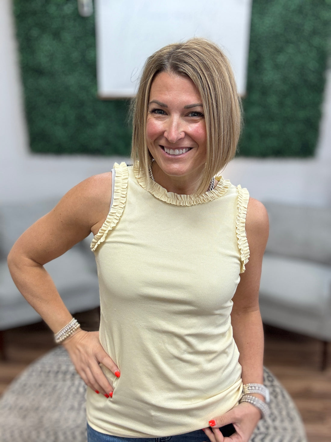 Ribbed Tank with Ruffle Detail - Butter Cream
