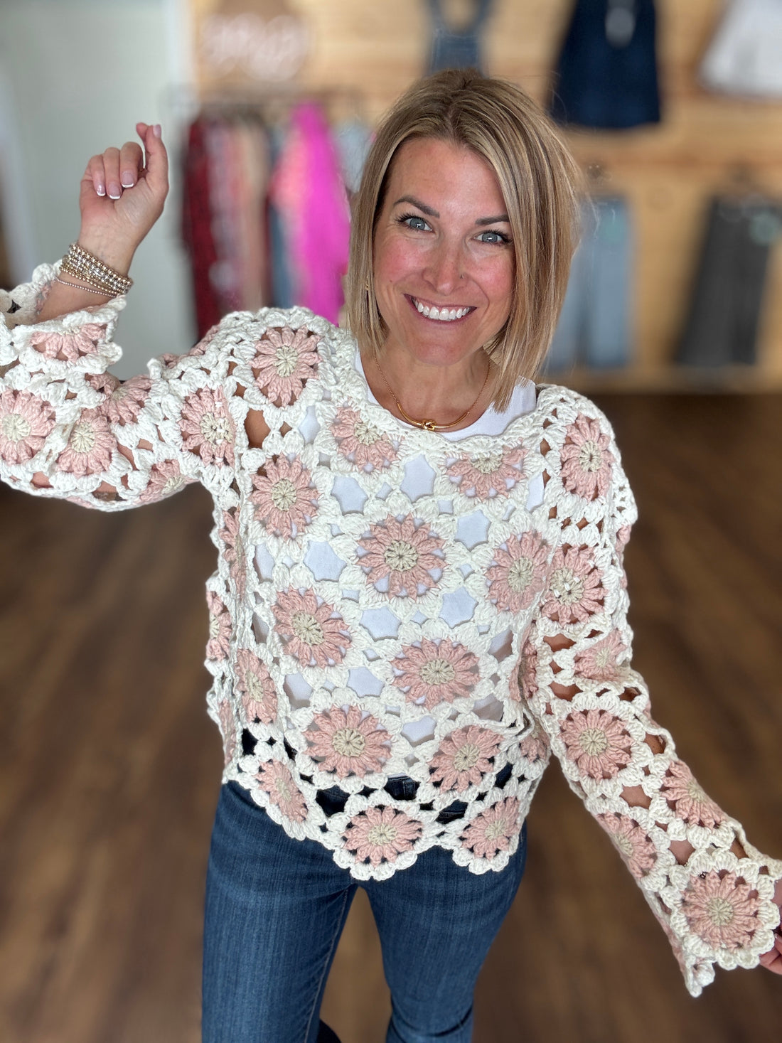 Boho Floral Crochet Sweater