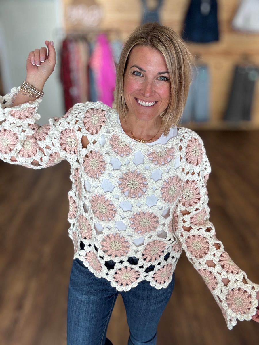 Boho Floral Crochet Sweater