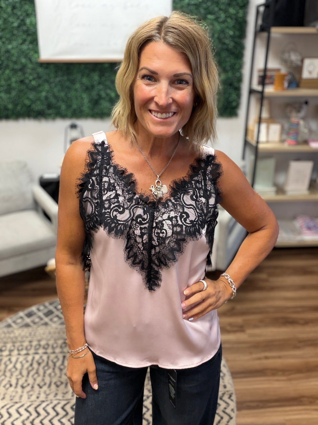 Liverpool - Sleeveless Woven Top with Lace - Blush