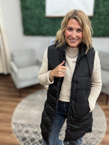 Long Puffer Vest with Hood - Black