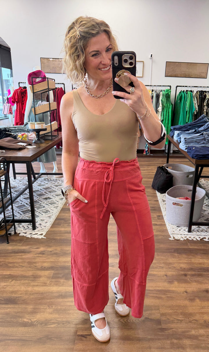Washed Terry Wide Leg Pants - Vintage Red