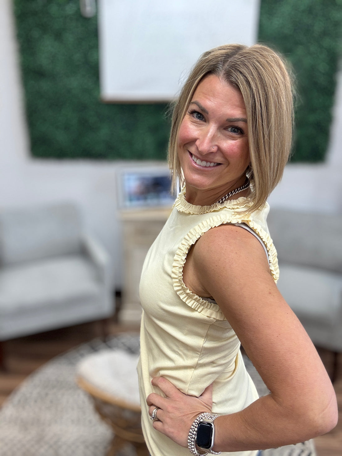 Ribbed Tank with Ruffle Detail - Butter Cream